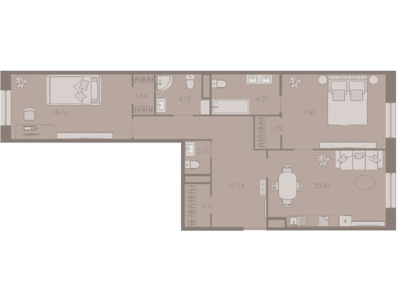 3-комнатная (Евро) квартира, 93.2 м² в ЖК "Северная корона" - планировка, фото №1