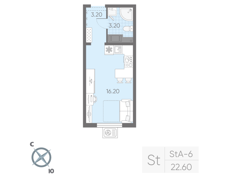 Квартира-студия, 22.6 м² в ЖК "Ручьи" - планировка, фото №1