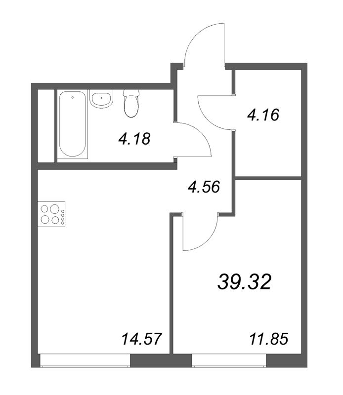 1-комнатная квартира, 39.32 м² - планировка, фото №1