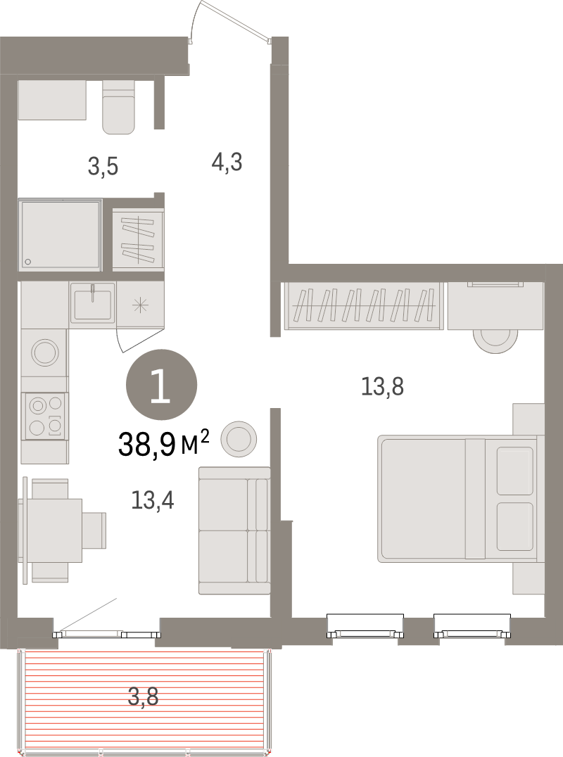 1-комнатная квартира, 38.9 м² в ЖК "Брусника в Новоселье" - планировка, фото №1