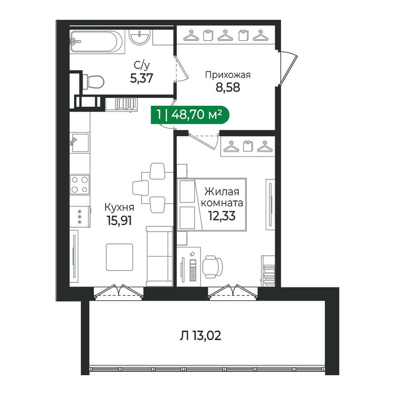 2-комнатная (Евро) квартира, 48.7 м² в ЖК "Сертолово Парк" - планировка, фото №1