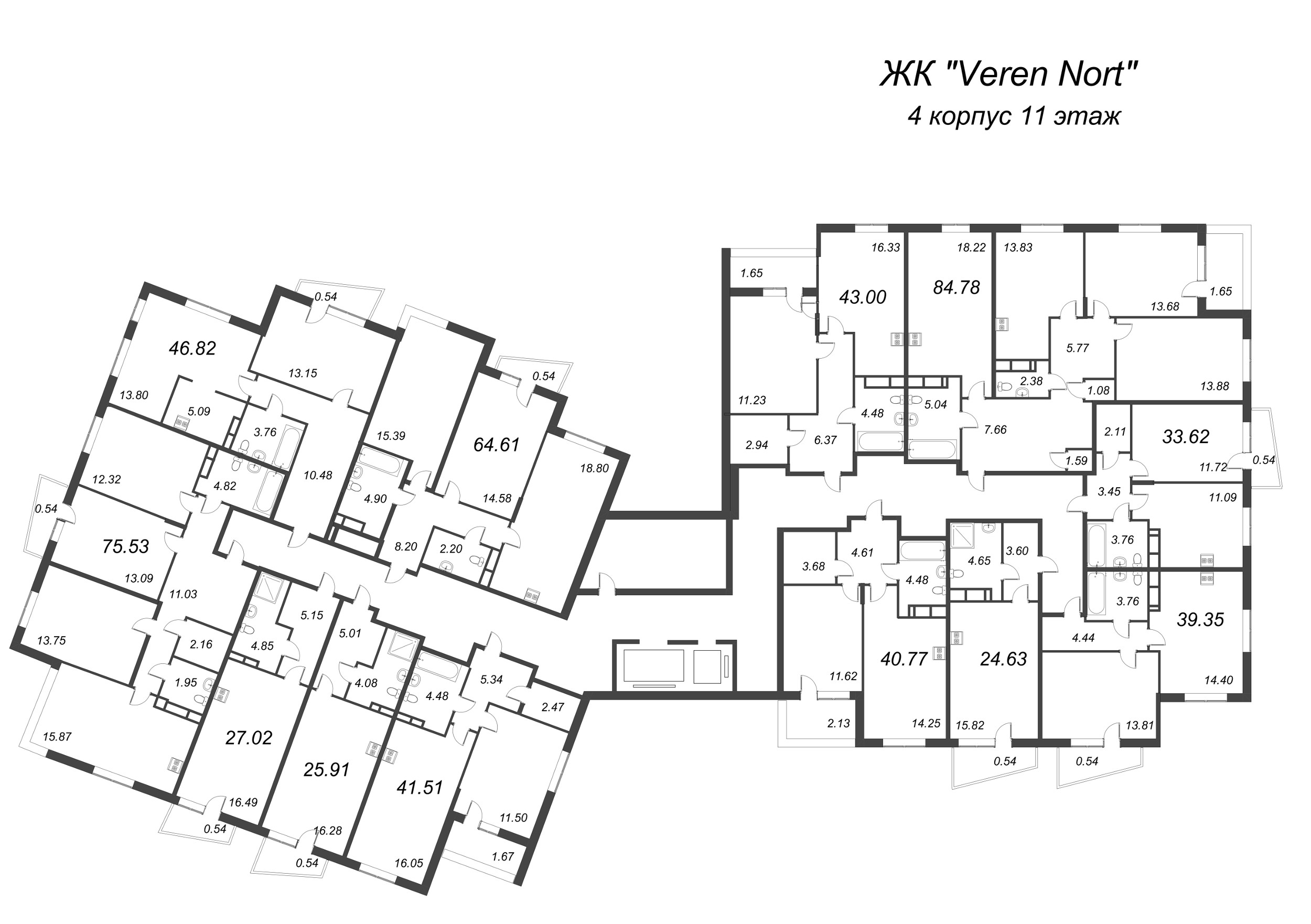 4-комнатная (Евро) квартира, 75.53 м² - планировка этажа