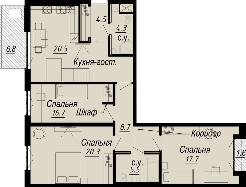 3-комнатная квартира, 104.88 м² - планировка, фото №1