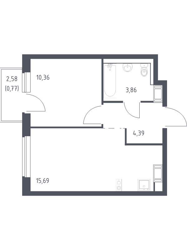 2-комнатная (Евро) квартира, 35.07 м² - планировка, фото №1