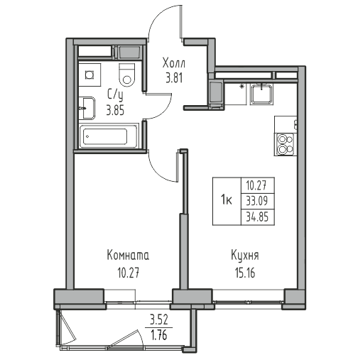 1-комнатная квартира, 34.85 м² в ЖК "Юнтолово" - планировка, фото №1