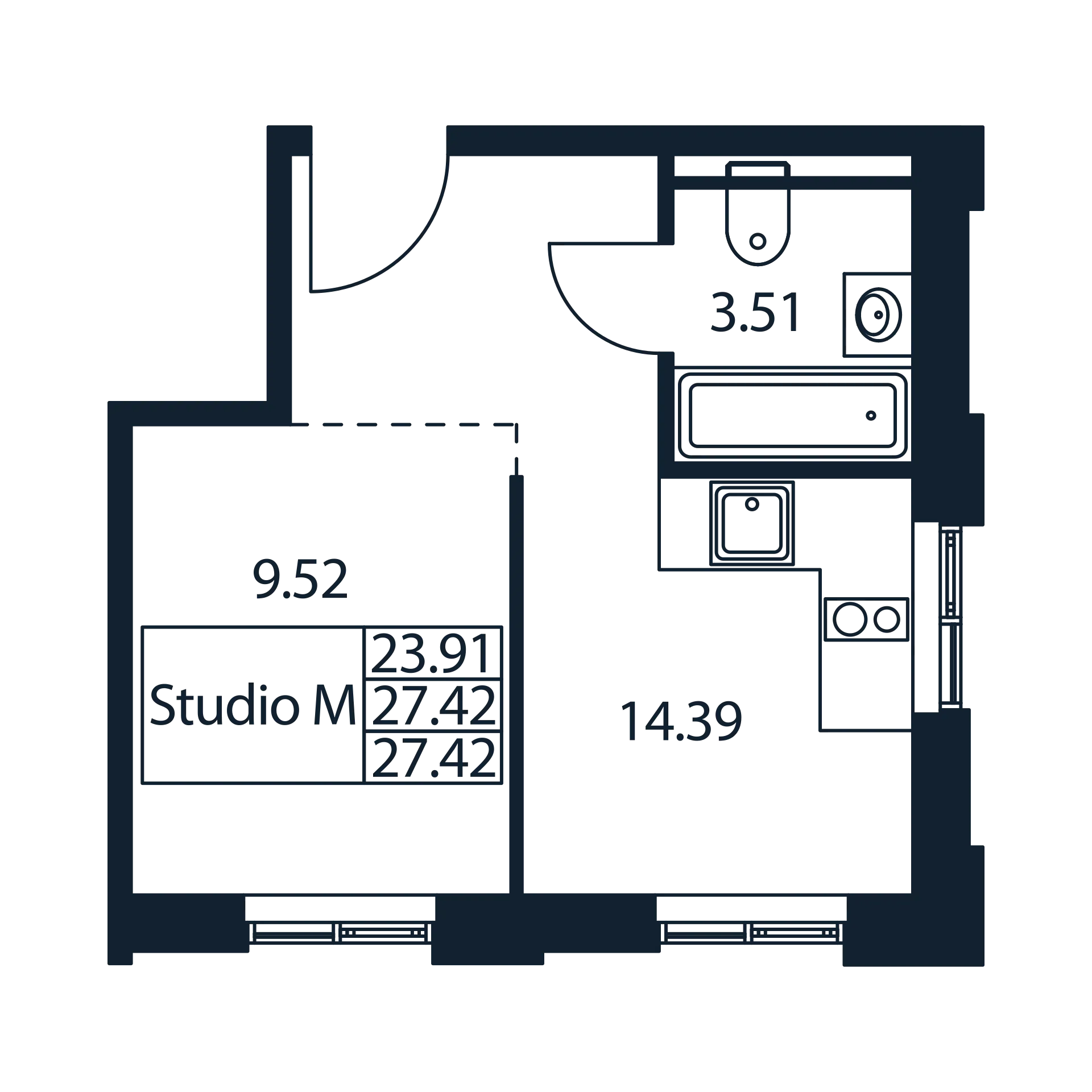 1-комнатная квартира, 28.78 м² - планировка, фото №1