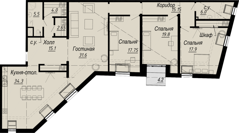 5-комнатная (Евро) квартира, 174.12 м² - планировка, фото №1