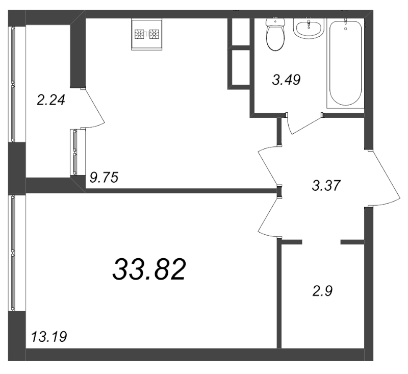 1-комнатная квартира, 33.82 м² в ЖК "Академик" - планировка, фото №1