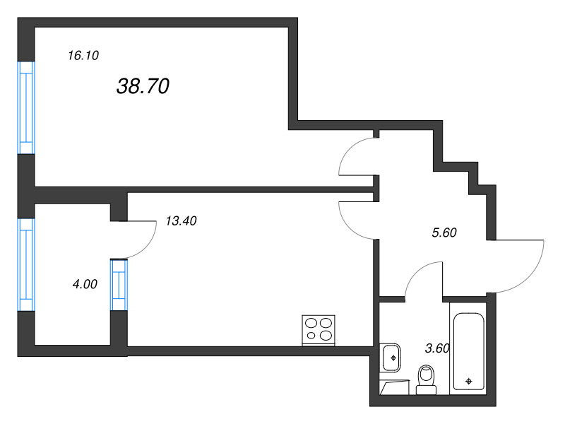 1-комнатная квартира, 38.7 м² - планировка, фото №1
