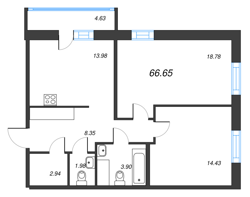 2-комнатная квартира, 66.65 м² - планировка, фото №1