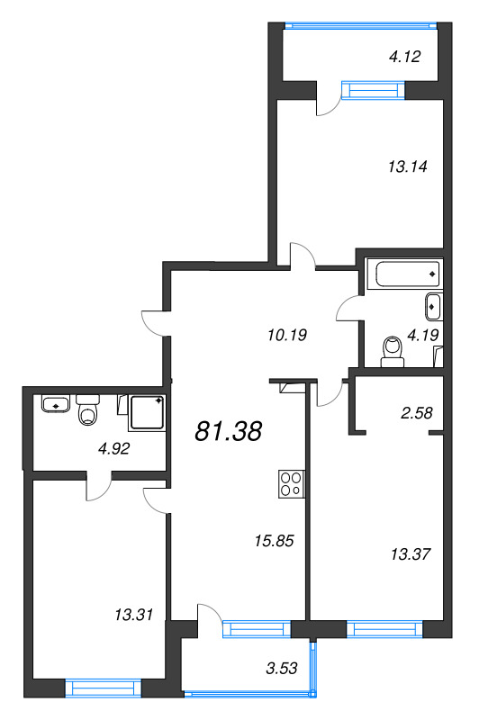 4-комнатная (Евро) квартира, 81.38 м² в ЖК "Энфилд" - планировка, фото №1