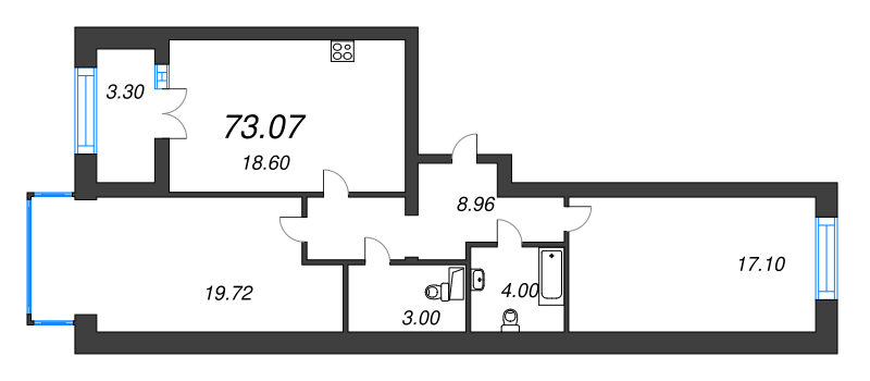 3-комнатная (Евро) квартира, 79 м² в ЖК "Наука" - планировка, фото №1