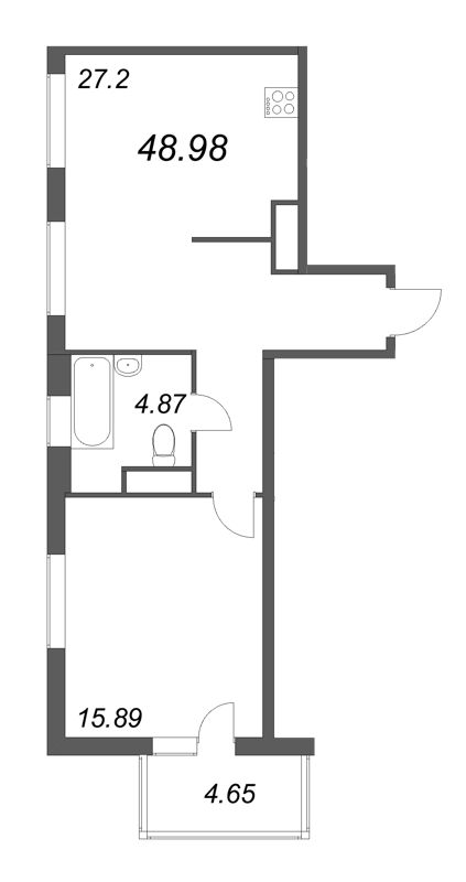 2-комнатная (Евро) квартира, 48.98 м² - планировка, фото №1