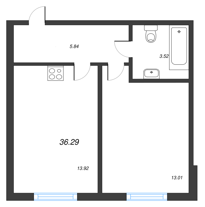 1-комнатная квартира, 36.29 м² в ЖК "Новое Сертолово" - планировка, фото №1