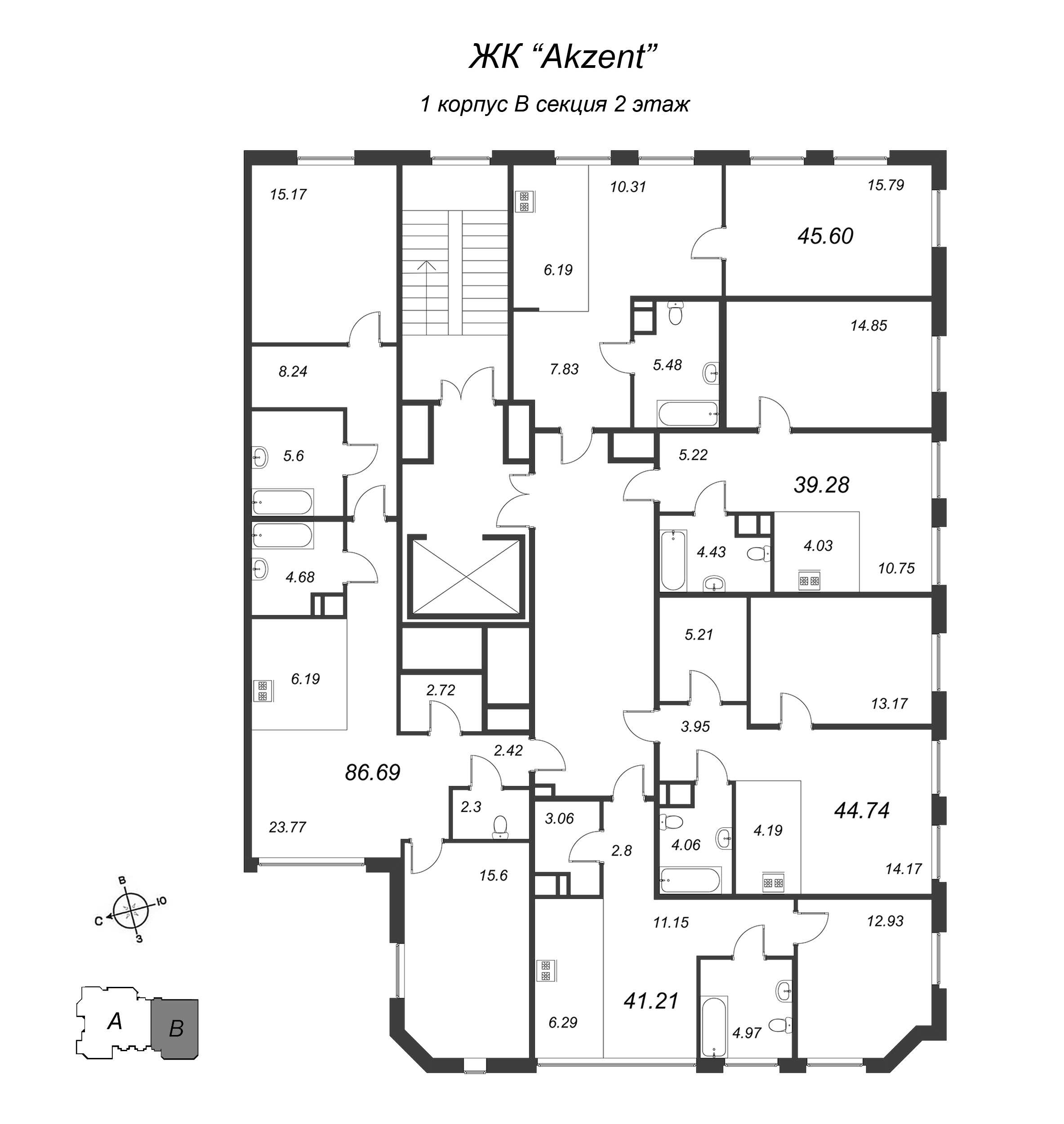 2-комнатная (Евро) квартира, 44.74 м² - планировка этажа