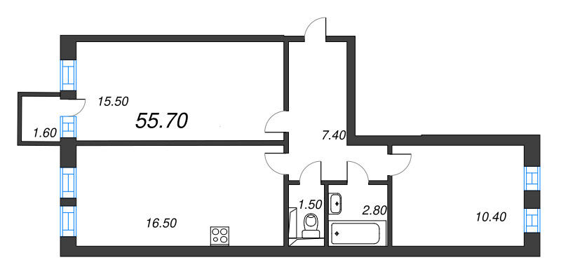 3-комнатная (Евро) квартира, 54.6 м² в ЖК "Эко Квартал Нега" - планировка, фото №1