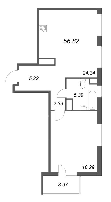2-комнатная (Евро) квартира, 56.82 м² в ЖК "Talento" - планировка, фото №1