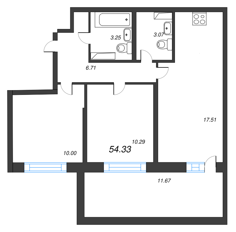 3-комнатная (Евро) квартира, 54.33 м² - планировка, фото №1