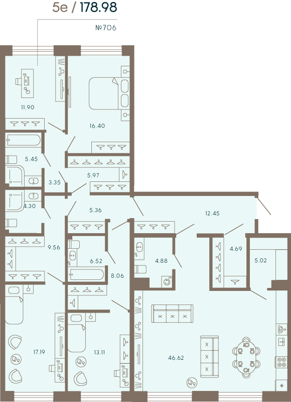 5-комнатная (Евро) квартира, 178.98 м² в ЖК "17/33 Петровский остров" - планировка, фото №1