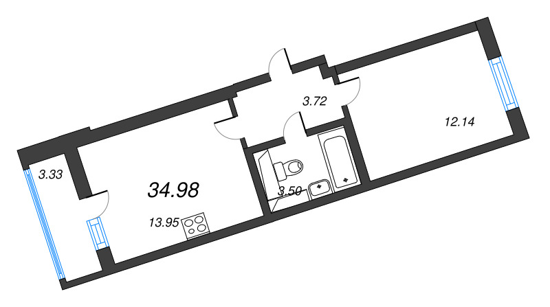 2-комнатная (Евро) квартира, 34.98 м² в ЖК "Лето" - планировка, фото №1