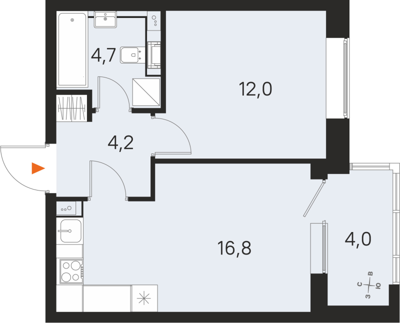 2-комнатная (Евро) квартира, 37.7 м² в ЖК "М36" - планировка, фото №1