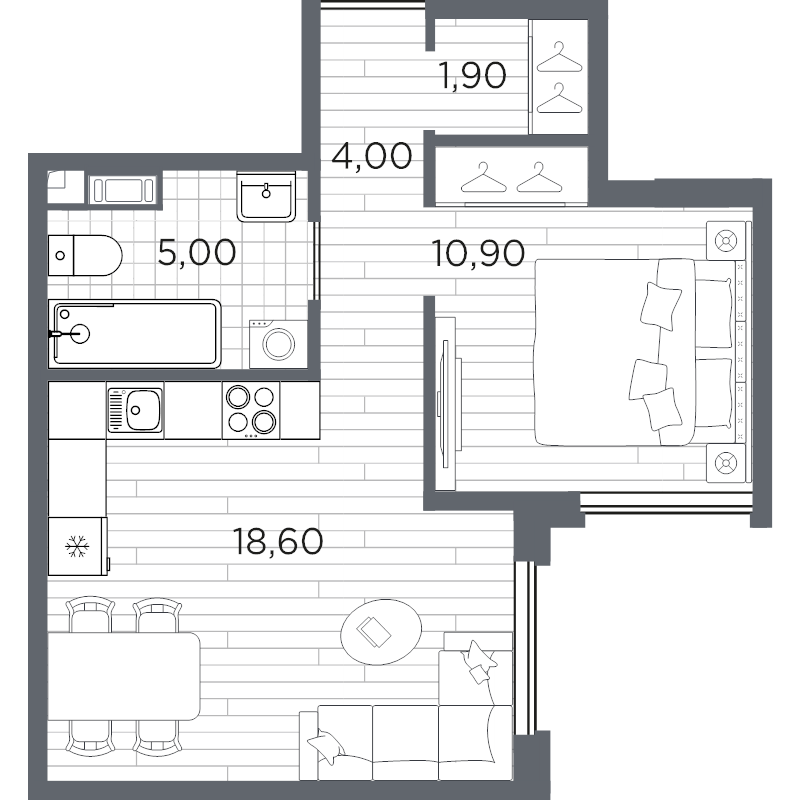 2-комнатная (Евро) квартира, 40.4 м² в ЖК "PLUS Пулковский" - планировка, фото №1