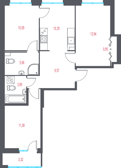 3-комнатная квартира, 66.24 м² в ЖК "Город-спутник Южный" - планировка, фото №1