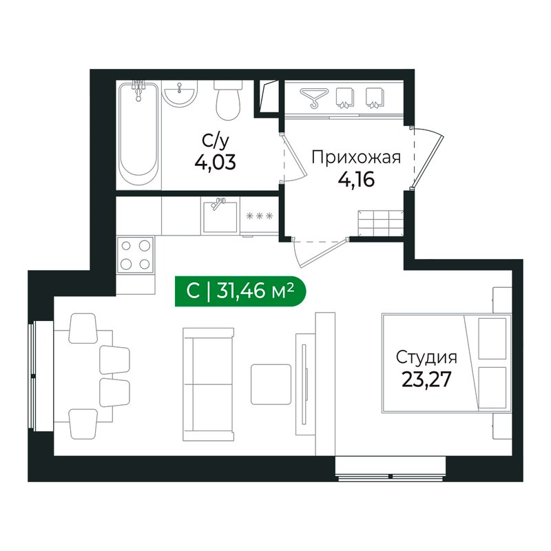 Квартира-студия, 31.4 м² в ЖК "Сертолово Парк" - планировка, фото №1