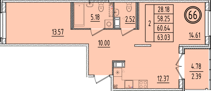 2-комнатная квартира, 58.25 м² в ЖК "Образцовый квартал 6.4" - планировка, фото №1
