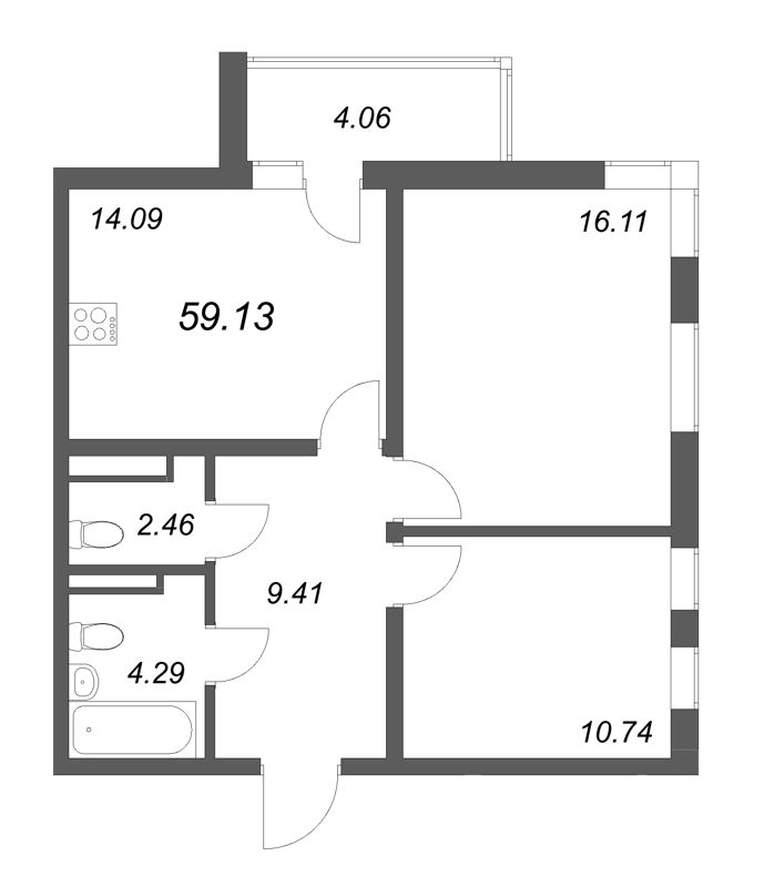 2-комнатная квартира, 59.13 м² - планировка, фото №1