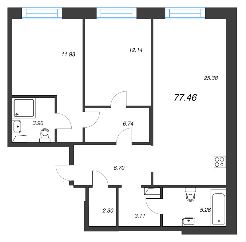 3-комнатная (Евро) квартира, 77.43 м² в ЖК "Остров Первых" - планировка, фото №1