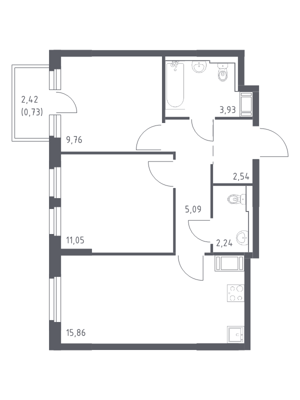 3-комнатная (Евро) квартира, 51.2 м² - планировка, фото №1
