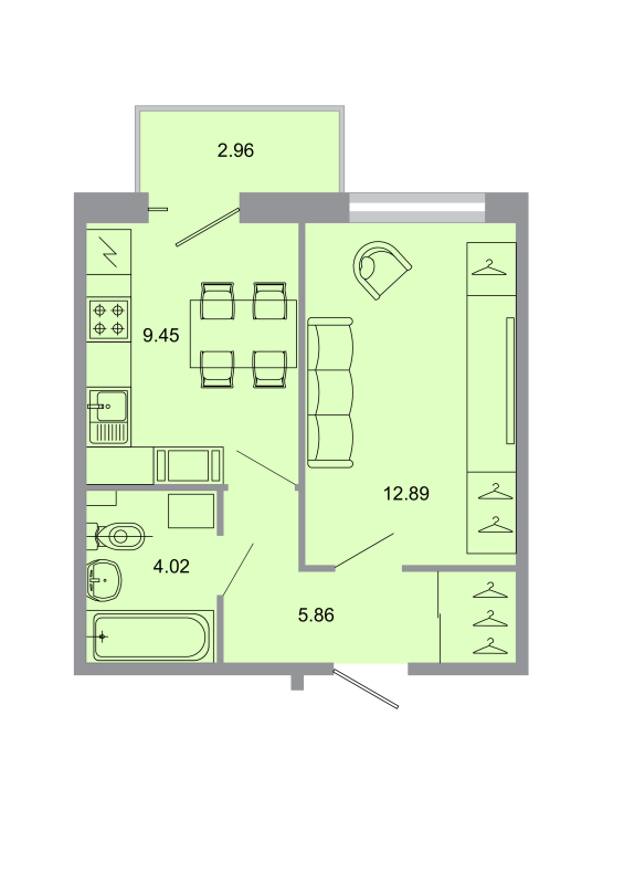 1-комнатная квартира, 32 м² - планировка, фото №1