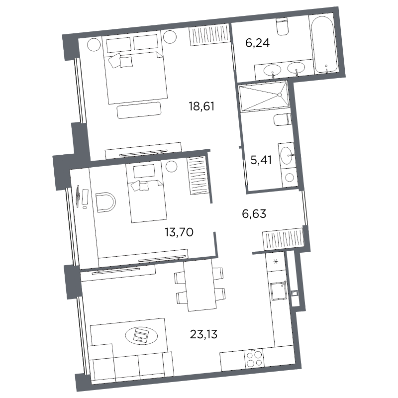 3-комнатная (Евро) квартира, 73.72 м² в ЖК "Акватория" - планировка, фото №1