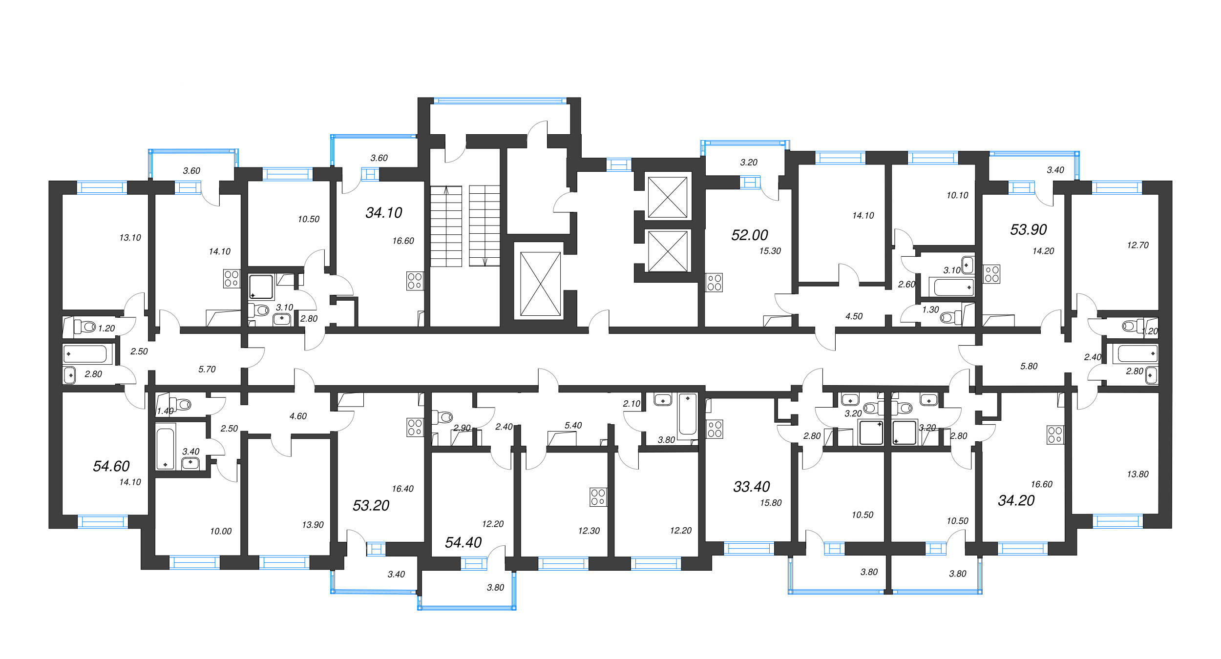 3-комнатная (Евро) квартира, 53.2 м² - планировка этажа