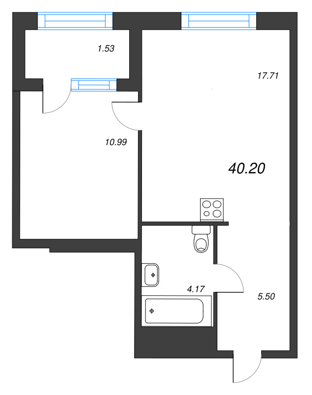 2-комнатная (Евро) квартира, 40.2 м² в ЖК "ORO by Akvilon" - планировка, фото №1