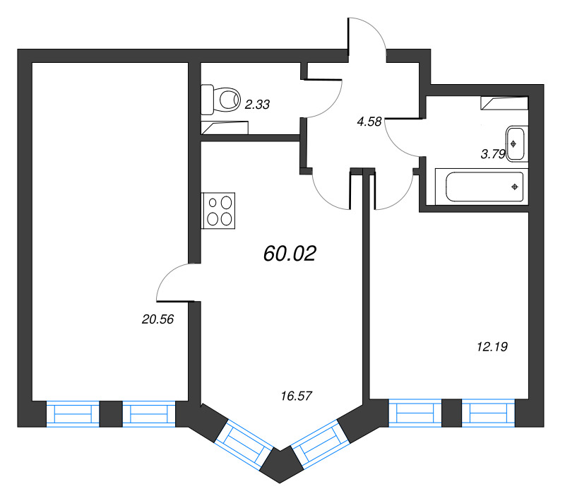 3-комнатная (Евро) квартира, 60.02 м² в ЖК "Кронфорт. Центральный" - планировка, фото №1