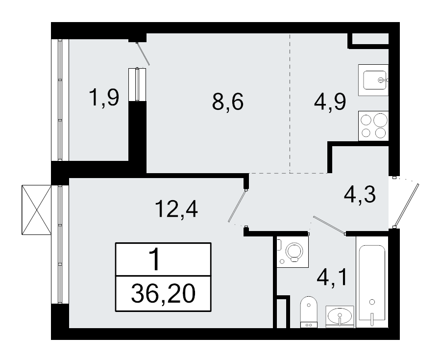 1-комнатная квартира, 36.2 м² - планировка, фото №1