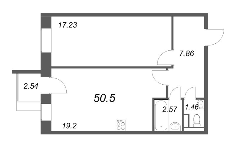 2-комнатная (Евро) квартира, 50.5 м² в ЖК "VEREN VILLAGE стрельна" - планировка, фото №1