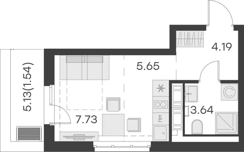 Квартира-студия, 22.75 м² - планировка, фото №1