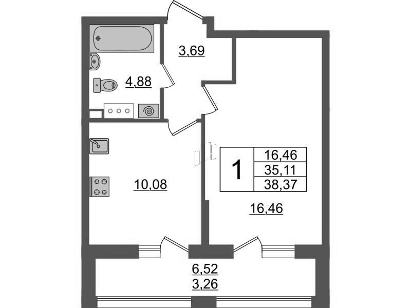 1-комнатная квартира, 38.37 м² в ЖК "Аквилон Leaves" - планировка, фото №1