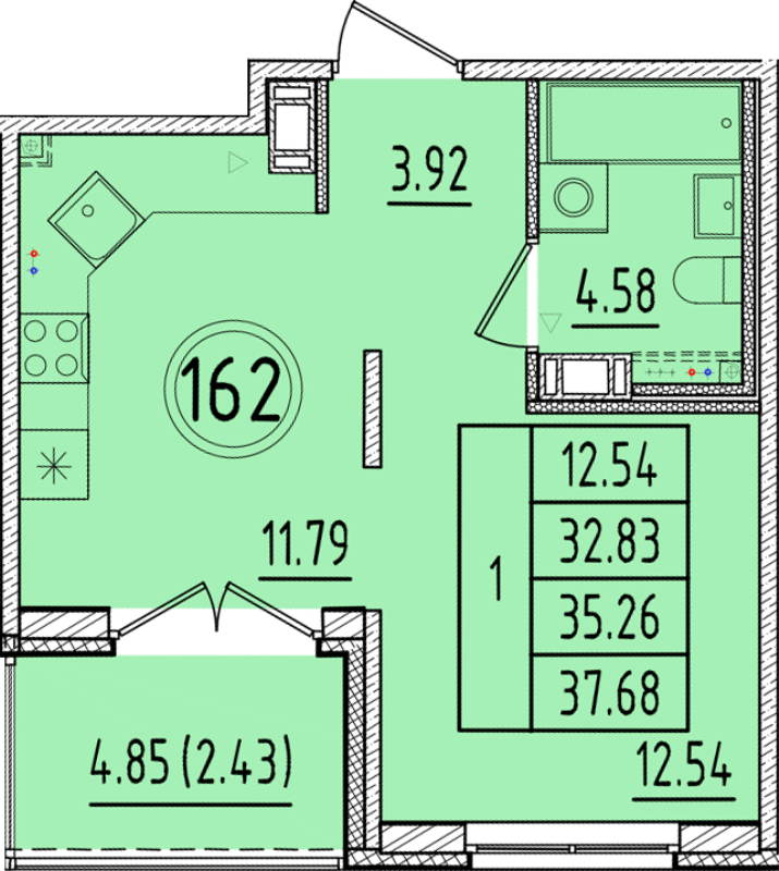 1-комнатная квартира, 32.83 м² в ЖК "Образцовый квартал 17" - планировка, фото №1