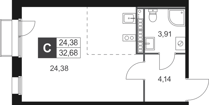 Квартира-студия, 32.68 м² в ЖК "Слобода" - планировка, фото №1