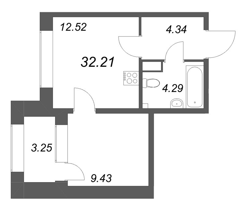1-комнатная квартира, 32.21 м² в ЖК "Аквилон Солар Парк" - планировка, фото №1