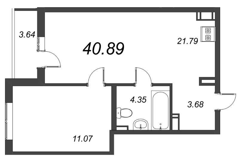 2-комнатная (Евро) квартира, 36.96 м² - планировка, фото №1