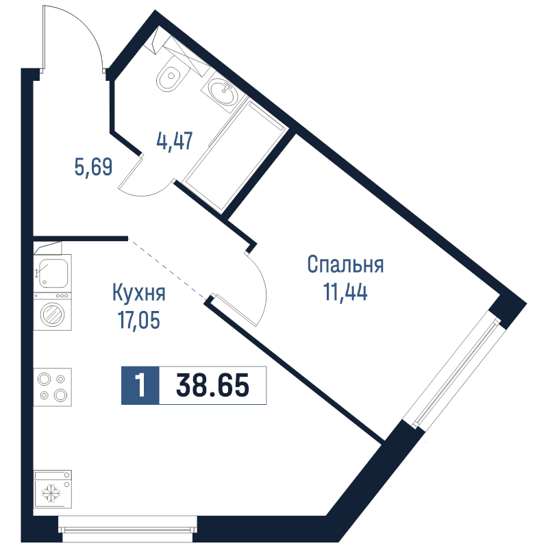 2-комнатная (Евро) квартира, 38.65 м² в ЖК "Максималист" - планировка, фото №1