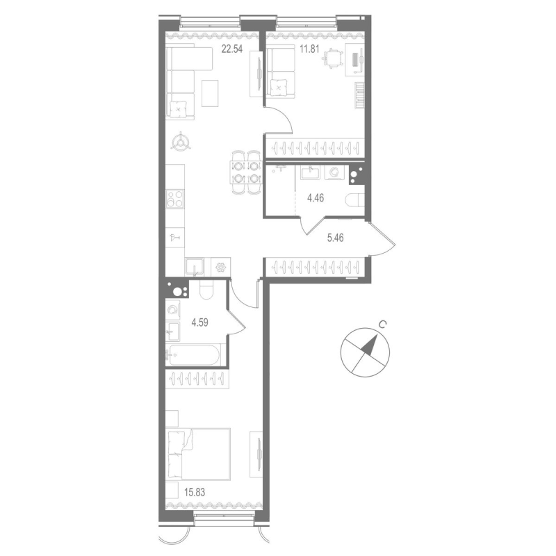 3-комнатная (Евро) квартира, 64.69 м² в ЖК "Остров Первых" - планировка, фото №1