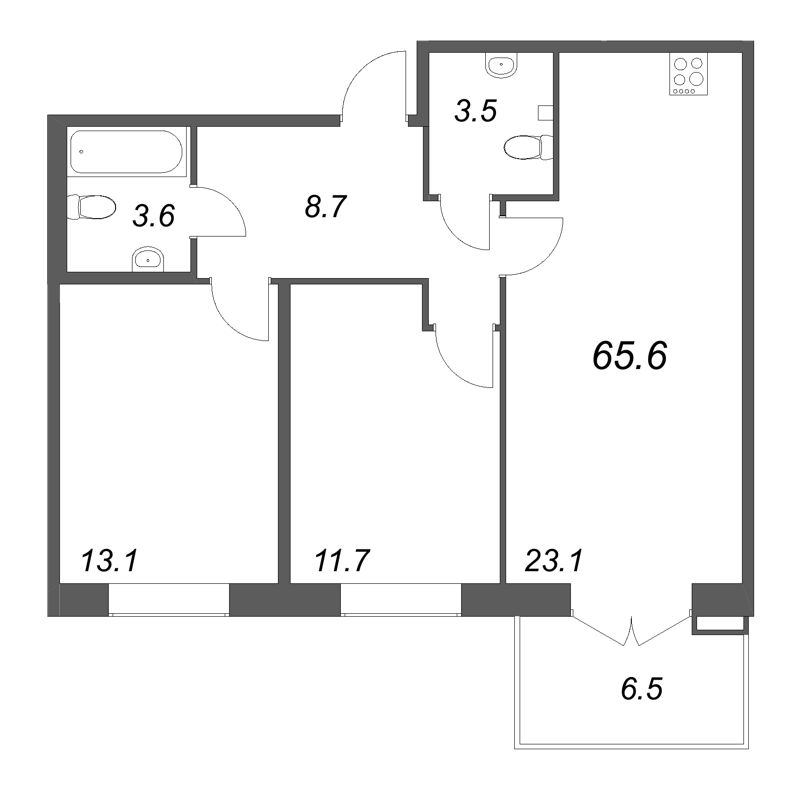 3-комнатная (Евро) квартира, 65.6 м² в ЖК "Кронунг ЮГ" - планировка, фото №1