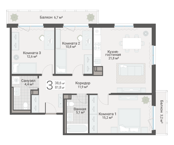 4-комнатная (Евро) квартира, 81.8 м² в ЖК "Руднева 15" - планировка, фото №1