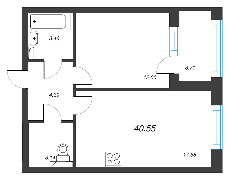 2-комнатная (Евро) квартира, 42.41 м² в ЖК "Кронфорт. Центральный" - планировка, фото №1